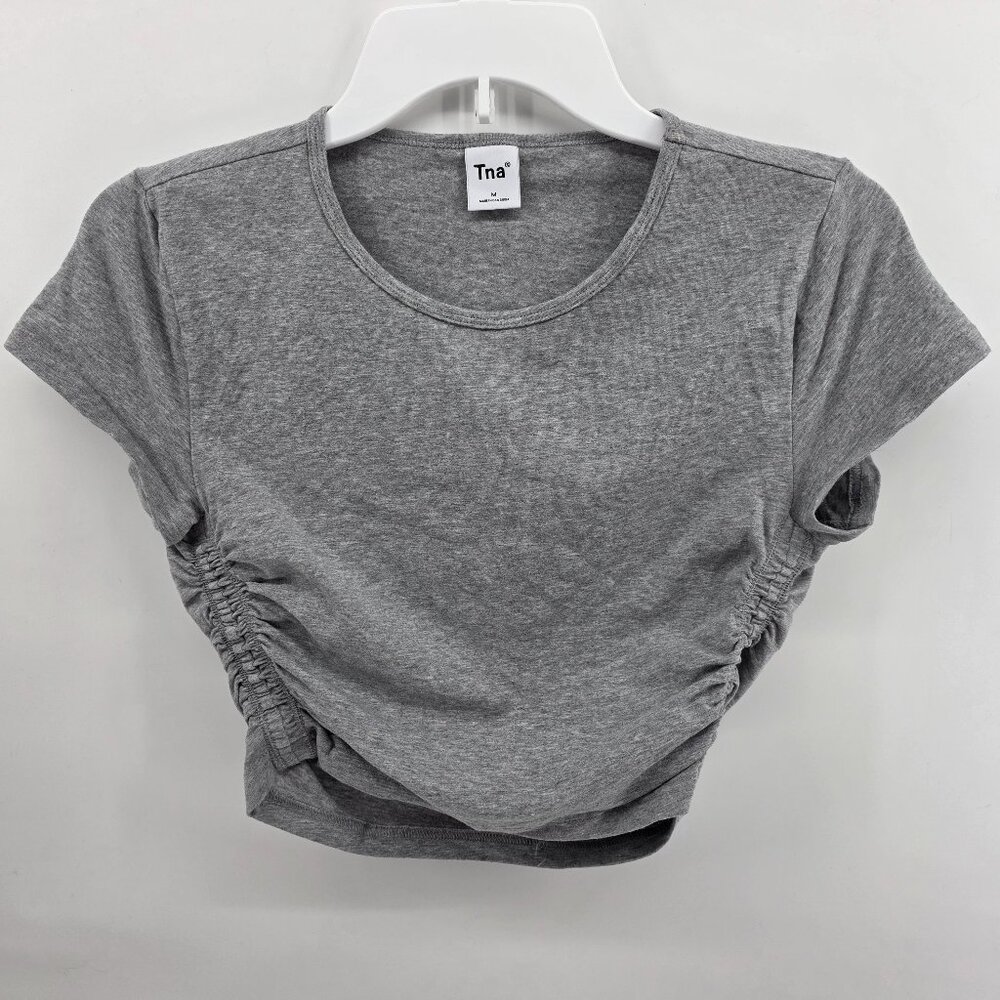 TNA Grey Ruched Side Crop Top – Size M – Aritzia Stretchy Short‎ Sleeve Tee